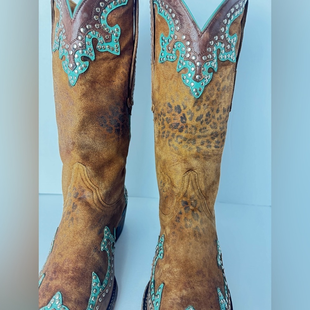Old Gringo Western Tan and Turquoise Leather Cowboy Boots Size 9B - Picture 5 of 15